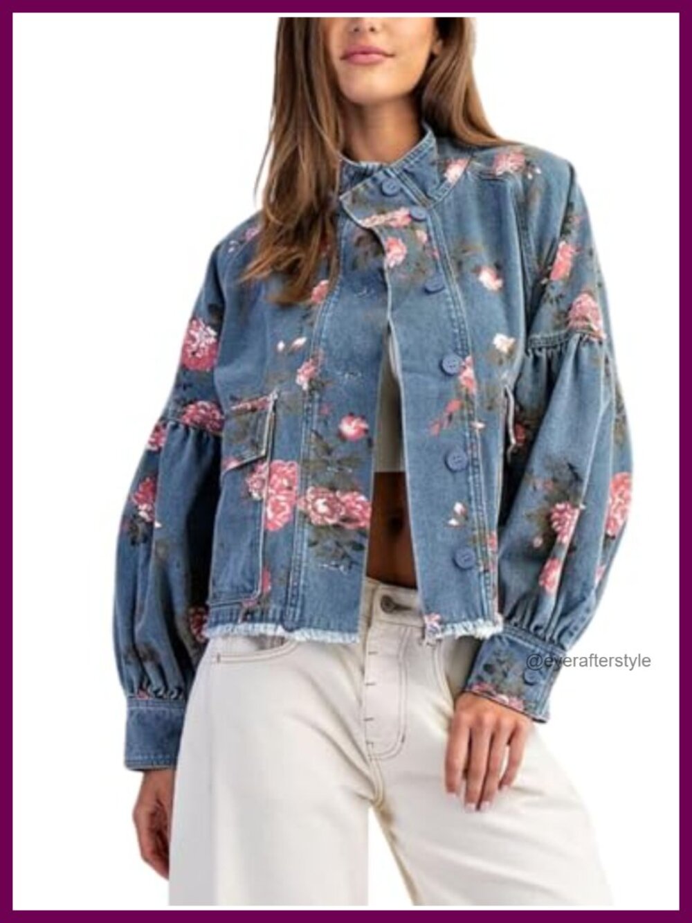 Women's Denim Bomber Jacket Balloon Sleeve Twill Coat Drawstring Waist